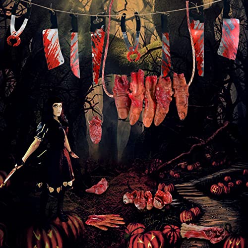 Halloween Blood Weapon Garland Banner Props Fake Scary Severed Hand Broken Body Parts for Haunted House Halloween Vampire Zombie Party Decorations Supplies (6pcs Body Parts + 20pcs Weapons)