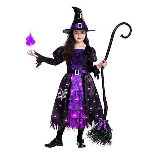 Witch Halloween Costumes for Girls, Toddler Light Up Witch Dress with Witch Broom and Hat, Kids Witch Costume Glow in the Dark for Halloween Dress-Up Party (Purple, 5-7S)