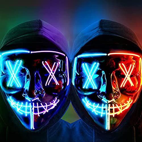 ThinkMax Purge Mask, 2 Pack Light up Mask LED Mask, Scary Masks, Glow Neon Mask Costume Mask with 3 Lighting Modes for Halloween Festival Party
