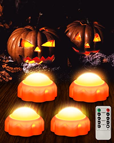 Mjokoj 4 Pack Pumpkin Lights, Halloween Pumpkin Lights with Remote & Timer, Led Pumpkin Lights Battery Operated with Bright Flickering Flameless for Halloween & Fall Decorations