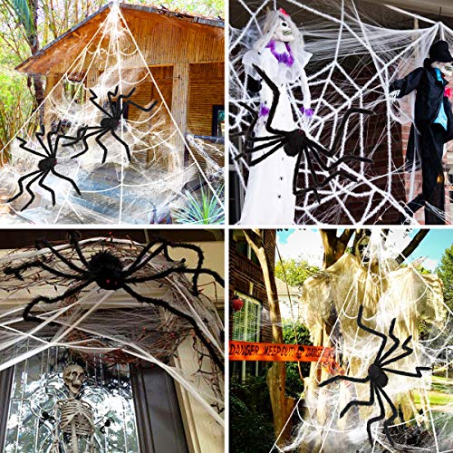 OPOLEMIN Halloween Spider Decorations, 2 * 50.4" Scary Giant Spiders + 2 Huge Halloween Spider Webs + Stretch Cobweb Set for Halloween Decorations Outdoor Yard Party Lawn Decor Props