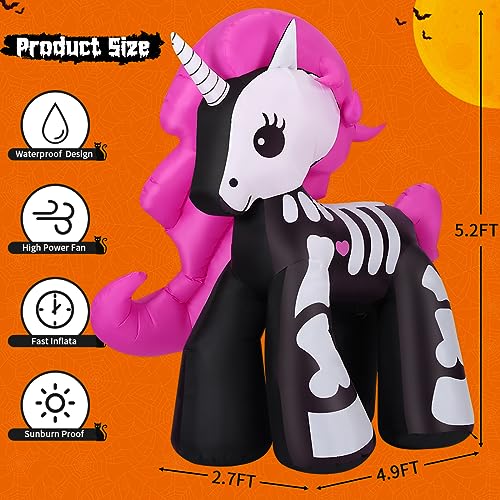 GOOSH 5.2FT Height Halloween Inflatables Decorations Outdoor Cute Skeleton Unicorn, Decor Blow Up Yard Clearance with LED Lights Built-in for Holiday Party Yard Garden