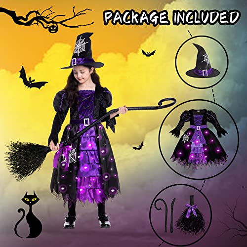 Witch Halloween Costumes for Girls, Toddler Light Up Witch Dress with Witch Broom and Hat, Kids Witch Costume Glow in the Dark for Halloween Dress-Up Party (Purple, 5-7S)