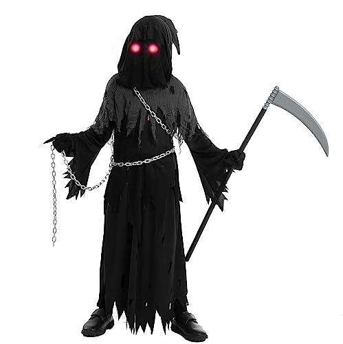 Spooktacular Creations Child Unisex Glowing Eyes Grim Reaper Costume, Phantom Costume for Creepy Phantom Halloween Costume-M(8-10yr)
