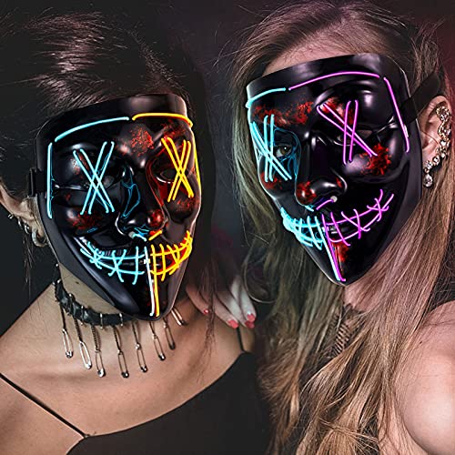 ThinkMax Purge Mask, 2 Pack Light up Mask LED Mask, Scary Masks, Glow Neon Mask Costume Mask with 3 Lighting Modes for Halloween Festival Party