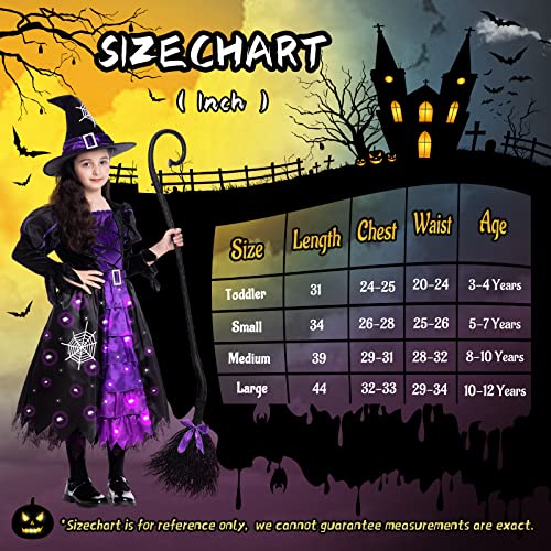 Witch Halloween Costumes for Girls, Toddler Light Up Witch Dress with Witch Broom and Hat, Kids Witch Costume Glow in the Dark for Halloween Dress-Up Party (Purple, 5-7S)