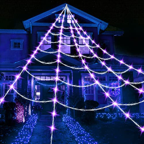 Makion Halloween Decorations 16 Ft Spider Web Lights, 100 LEDs Super-Realistic Giant Cobweb Indoor Outdoor Purple Lights, 8 Modes Remote Control Battery Operated Light for Décor Party Garden Yard