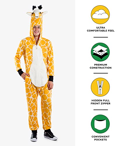 Tipsy Elves Funny Animal Halloween Giraffe Costume Jumpsuit with Stuffed Animal Style Hood for Men Size Large
