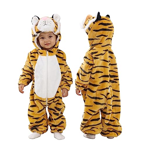TONWHAR Kids' And Toddlers' Infant Tiger Dinosaur Animal Fancy Dress Costume Outfit Hooded Romper Jumpsuit (6-12 Months/Height:26"-29",Tiger)