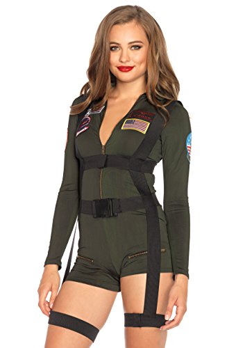 Leg Avenue Womens Â– 2 Piece Top Gun Spandex Romper With Body Harness - Sexy Maverick Pilot Halloween for Wom Adult Sized Costumes, Khaki, Large US