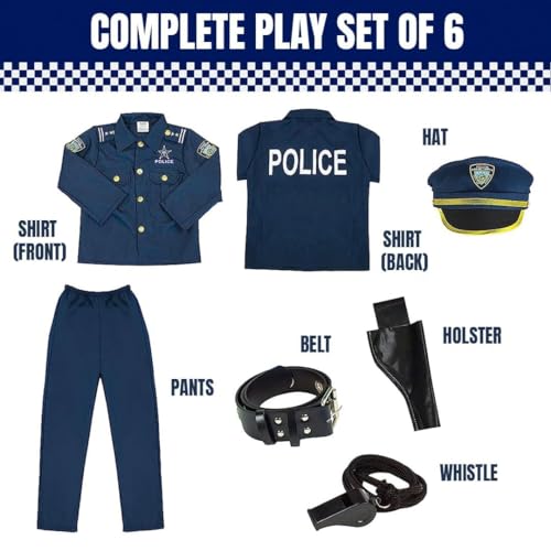 KANGAROO Deluxe Police Costume For Kids I Police Accessories Play Set I 8 Pcs Role Play Cop Costume & Dressup Accessories Include Police Hat, Shirt, Pants, Belt, Holster, and Whistle