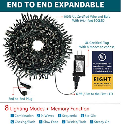 OUTYLTS Christmas String Lights End-to-End Plug 8 Modes 108FT 300 LED IP55 Outdoor Waterproof UL Certificated Indoor Fairy Lights Garden Wedding Christma Trees Parties Decoration White Light