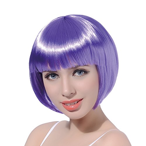 FREE BEAUTY Purple Short Bob Cosplay Flapper Wig-Synthetic Costume Women's Natural Looking Halloween Christmas Party Colorful Bangs Wigs