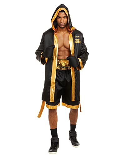Dreamgirl Adult Mens Boxing World Champion Costume, Boxer Robe Halloween Costume, Black/Gold - Medium