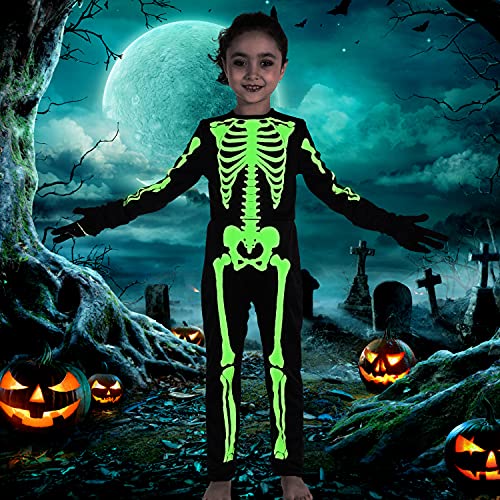 CO-AVE Skeleton Costume Kids Halloween with Gloves Glow in The Dark Skelebone Outfit for Boys and Girls Halloween Role Play,6T