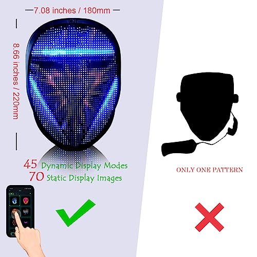 MEGOO Led Mask with Bluetooth Programmable App,Shining Led Light Up Face Mask for Adult Kid Halloween Masquerade Party(USB Recharge)
