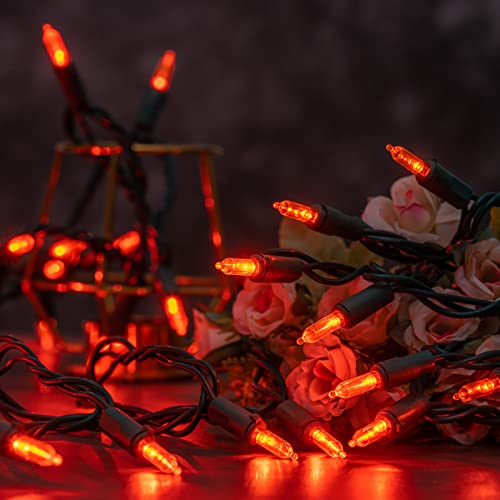 YULETIME Orange LED Christmas Lights with Green Wire, 66 Feet 200 Count UL Certified Commercial Grade LED Halloween String Light Set (Orange - Green Wire)