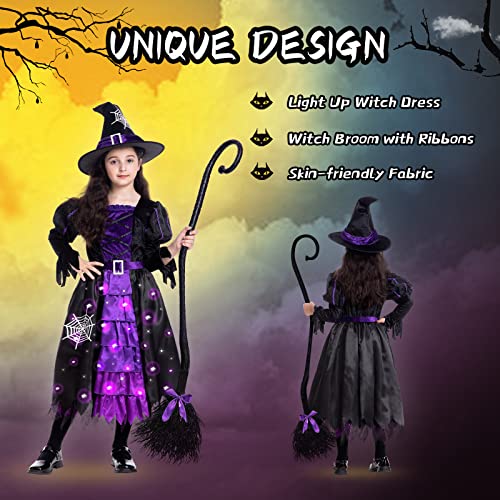 Witch Halloween Costumes for Girls, Toddler Light Up Witch Dress with Witch Broom and Hat, Kids Witch Costume Glow in the Dark for Halloween Dress-Up Party (Purple, 5-7S)