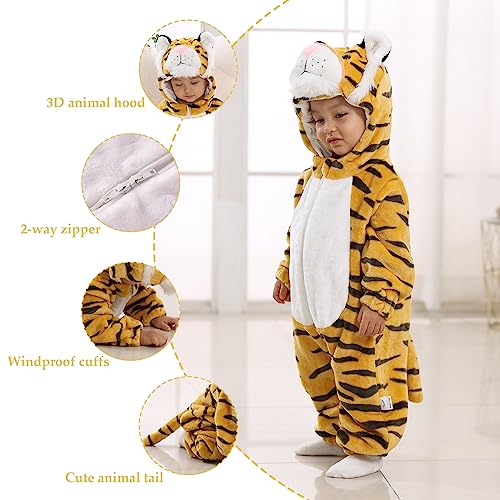 TONWHAR Kids' And Toddlers' Infant Tiger Dinosaur Animal Fancy Dress Costume Outfit Hooded Romper Jumpsuit (6-12 Months/Height:26"-29",Tiger)