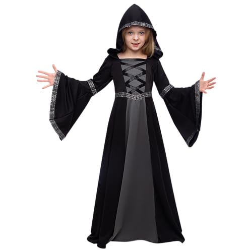 Spooktacular Creations Black Hooded Robe Costume for Girls, Fairytale Witch Costume Halloween Role-playing Party-L(10-12yr)