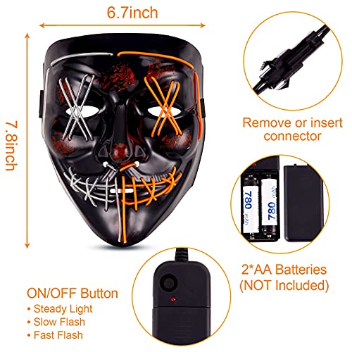 ThinkMax Purge Mask, 2 Pack Light up Mask LED Mask, Scary Masks, Glow Neon Mask Costume Mask with 3 Lighting Modes for Halloween Festival Party