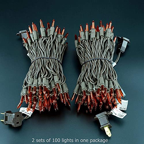 YULETIME Orange Christmas Lights with Brown Wire, 66 Feet 200 Count UL Certified String Lights, Pack of 2 Sets 33 Ft 100 Count Amber Incandescent Mini Light Set (Orange)