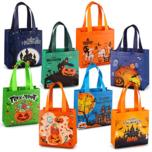 Aviski 8PCS Halloween Trick or Treat Bags, Small Halloween Tote Bags with Handles, Gift Bags, Multifunctional Non-Woven Halloween Bags for Gifts Wrapping, Trick or Treat, Halloween Party Supplies