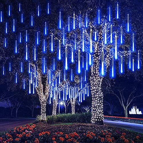 Christmas Decorations, Adecorty Falling Rain Lights Meteor Shower Lights 30cm 8 Tubes Rain Drop Shooting Star Dripping Icicle Lights, Luces de Navidad para Exterior, Christmas Tree Lights Outdoor Blue
