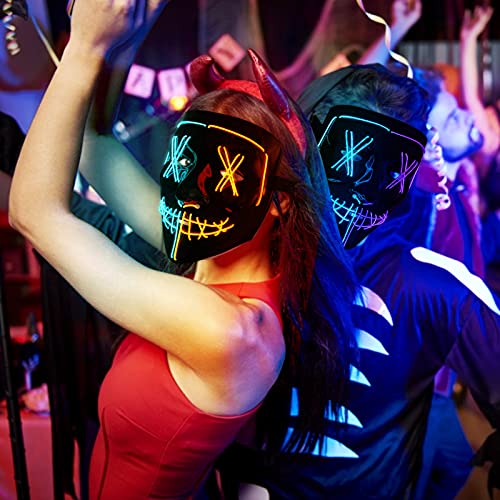 ThinkMax Purge Mask, 2 Pack Light up Mask LED Mask, Scary Masks, Glow Neon Mask Costume Mask with 3 Lighting Modes for Halloween Festival Party