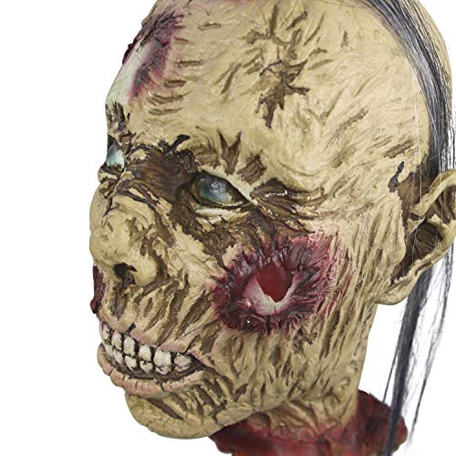 MOLEZU Cut Off Head Prop, Halloween Scary Realistic Hanging Severed Bloody Head with wig, Old Lady (A)