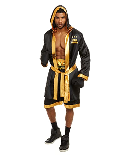Dreamgirl Adult Mens Boxing World Champion Costume, Boxer Robe Halloween Costume, Black/Gold - Medium