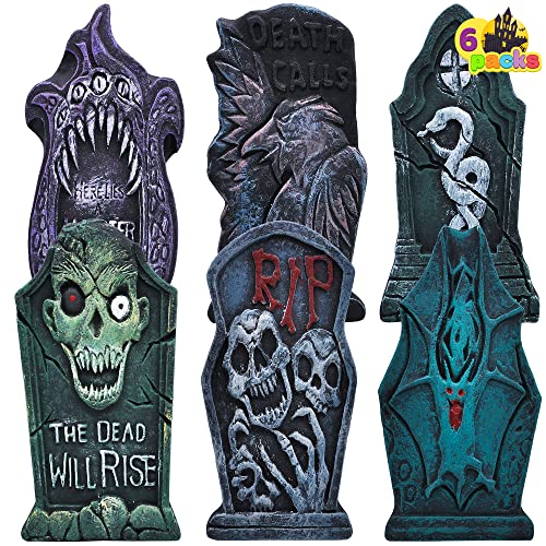 JOYIN 17” Halloween Foam Graveyard Tombstone Yard Decorations(6 Pack), RIP Headstone with Different Styles and Bonus Metal Stakes for Halloween Yard Outdoor Indoor Decorations