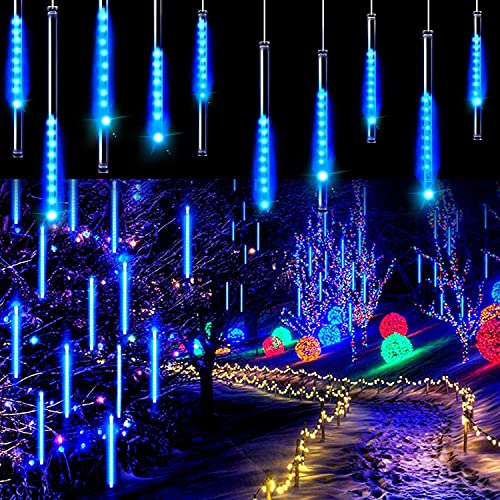 Christmas Decorations, Adecorty Falling Rain Lights Meteor Shower Lights 30cm 8 Tubes Rain Drop Shooting Star Dripping Icicle Lights, Luces de Navidad para Exterior, Christmas Tree Lights Outdoor Blue