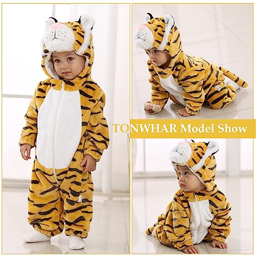 TONWHAR Kids' And Toddlers' Infant Tiger Dinosaur Animal Fancy Dress Costume Outfit Hooded Romper Jumpsuit (6-12 Months/Height:26"-29",Tiger)