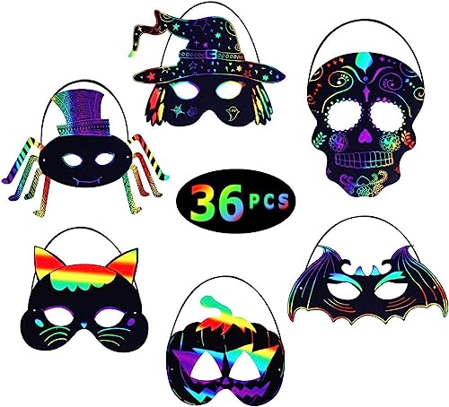 Max Fun 36PCS Halloween Rainbow Scratch Mask, Art Craft Kit for Kids Birthday Cosplay Classroom Decoration, Magic Scratch Paper Halloween Party Favor Supplies Bat Witch Pumpkin Zombie Pirate Skull
