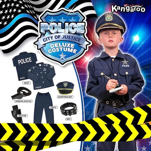 KANGAROO Deluxe Police Costume For Kids I Police Accessories Play Set I 8 Pcs Role Play Cop Costume & Dressup Accessories Include Police Hat, Shirt, Pants, Belt, Holster, and Whistle