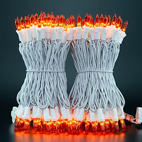 YULETIME Orange Christmas Lights with White Wire, 66 Feet 200 Count UL Certified String Lights, Pack of 2 Sets 33 Ft 100 Count Amber Incandescent Mini Light Set (Orange)
