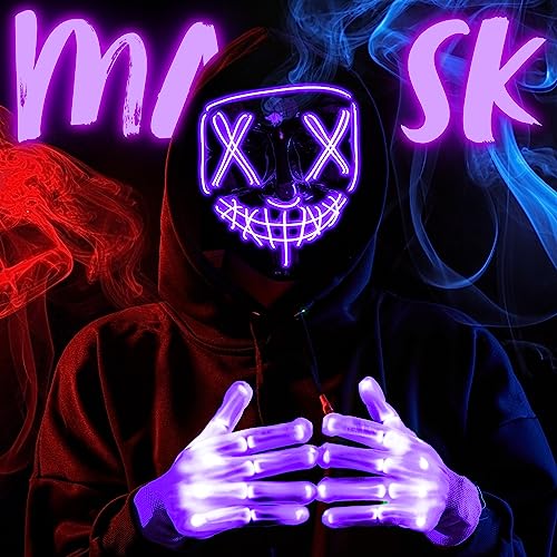JOYIN Halloween Led Mask Light Up Scary Mask and Gloves for Cosplay Costume (Purple)
