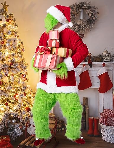 Green Monster Santa Suit - 7pcs Adult Deluxe Holiday Outfit