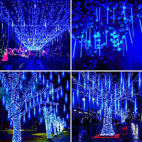 Christmas Decorations, Adecorty Falling Rain Lights Meteor Shower Lights 30cm 8 Tubes Rain Drop Shooting Star Dripping Icicle Lights, Luces de Navidad para Exterior, Christmas Tree Lights Outdoor Blue