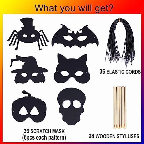 Max Fun 36PCS Halloween Rainbow Scratch Mask, Art Craft Kit for Kids Birthday Cosplay Classroom Decoration, Magic Scratch Paper Halloween Party Favor Supplies Bat Witch Pumpkin Zombie Pirate Skull