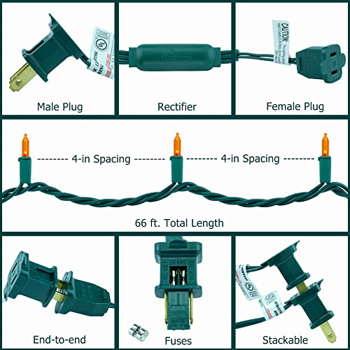 YULETIME Orange LED Christmas Lights with Green Wire, 66 Feet 200 Count UL Certified Commercial Grade LED Halloween String Light Set (Orange - Green Wire)