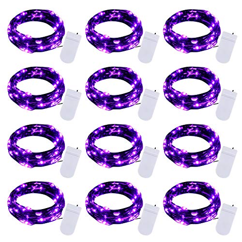 Halloween Purple Fairy String Lights: 12 Pack 7Ft 20 Led Battery Operated Firefly Lights on Black Wire Starry Moon Lights for DIY Party Bedroom Patio