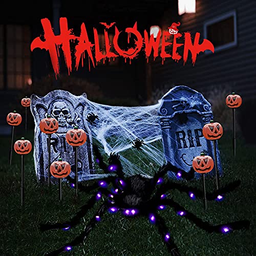 Halloween Decorations 4ft Giant Spider and 20sqft Spider Web Outdoor/Indoor Plush Spider 26 Purple Lights Scary Spiders for Spider Web,Yard,Party,Haunted House Decor