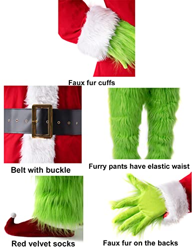 Green Monster Santa Suit - 7pcs Adult Deluxe Holiday Outfit