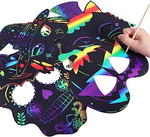 Max Fun 36PCS Halloween Rainbow Scratch Mask, Art Craft Kit for Kids Birthday Cosplay Classroom Decoration, Magic Scratch Paper Halloween Party Favor Supplies Bat Witch Pumpkin Zombie Pirate Skull