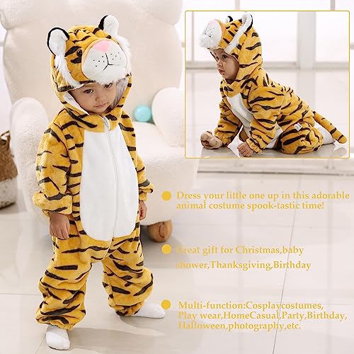 TONWHAR Kids' And Toddlers' Infant Tiger Dinosaur Animal Fancy Dress Costume Outfit Hooded Romper Jumpsuit (6-12 Months/Height:26"-29",Tiger)