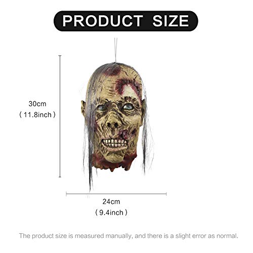 MOLEZU Cut Off Head Prop, Halloween Scary Realistic Hanging Severed Bloody Head with wig, Old Lady (A)