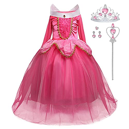 iTVTi Girls Princess Dress Up Halloween Party Costume with Crown Wand Earrings Ring, Pink, 3-4 Years (Label 110)