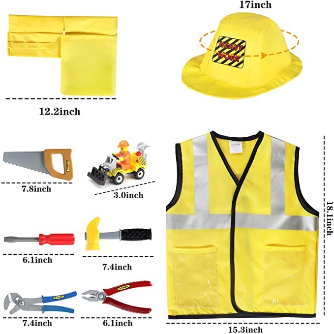 Latocos Construction Worker Costume for Boys Kids Dress Up Clothes for Play Toddler Builder Career Outfit Pretend Role Play Toys Halloween Birthday Gifts for 3 4 5 6 Year Old Childrens